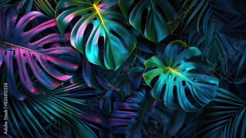 Dark green tropical leaves colorful neon light, backlight, leaves composition, plant background, manstera, palm leaves photo