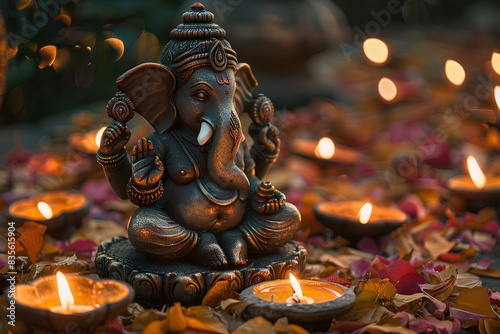 A statue of an elephant surrounded by candles