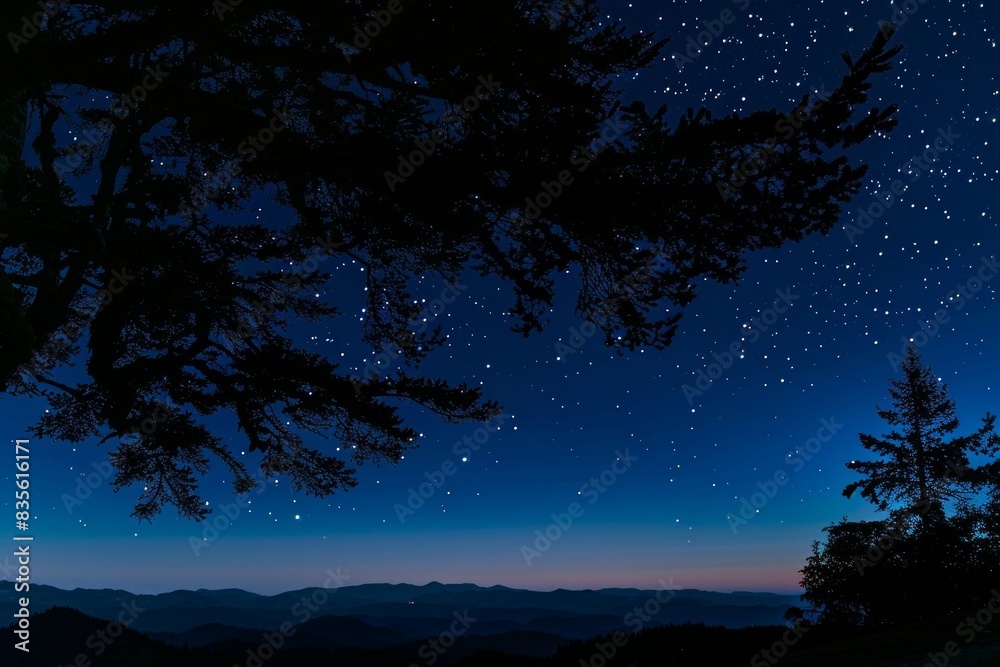 Fototapeta premium Trees under a dark sky with mountains in the background. Scenic nature concept