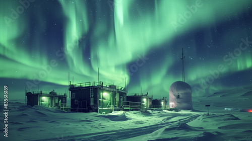An Arctic research base under the vibrant glow of the Northern Lights. The base consists of several modern, insulated modules connected by enclosed walkways, set against a stark, icy landscape. Scient photo