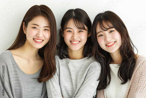 Three Smiling Young Asian Women in Casual Knitwear Posing for a Warm and Friendly Group Portrait