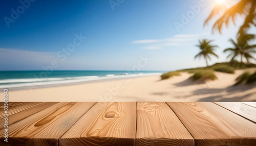 Wood table for display or presentation with spring summer ocean backdrop  natural display  mockup for product branding   