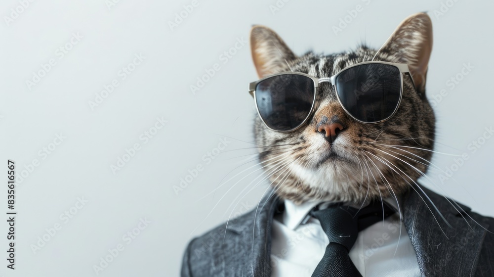 A cat wearing sunglasses and a suit with a tie A cat wearing sunglasses and a suit with a tie
