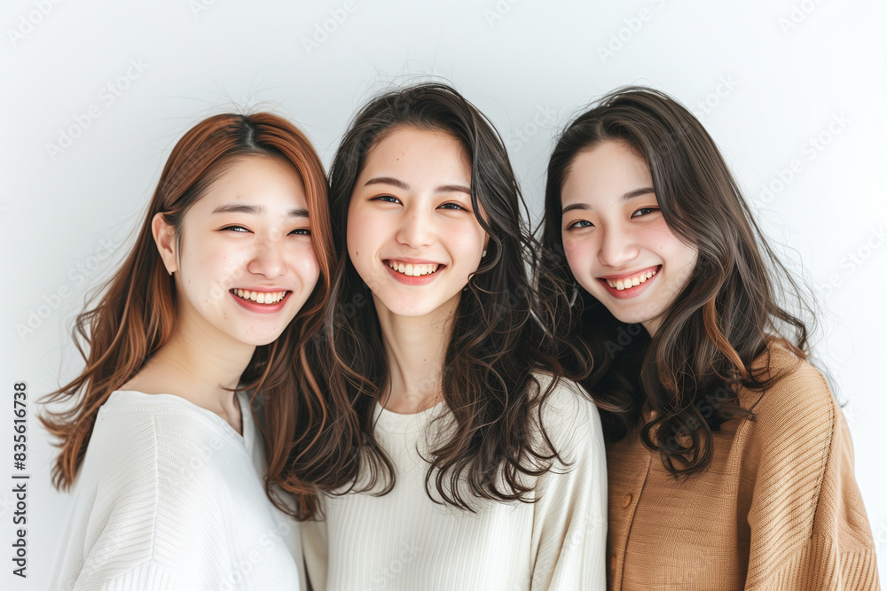 Three Smiling Young Asian Women in Casual Earth-Toned Sweaters Posing for a Warm and Friendly Group Portrait Three Smiling Young Asian Women in Casual Earth-Toned Sweaters Posing for a Warm and Friendly Group Portrait