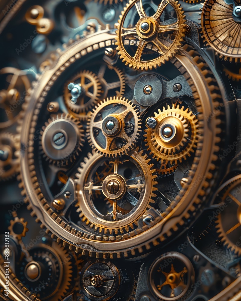 Close-up of intricate clockwork mechanisms with interconnected gears and cogs in a vintage design, emphasizing precision and craftsmanship.