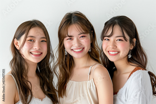 Three Smiling Young Asian Women in Stylish Summer Outfits Posing for a Bright and Cheerful Group Portrait
