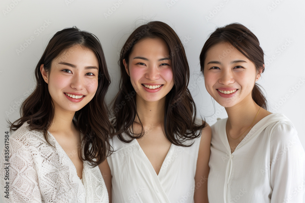 Three Smiling Young Asian Women in Elegant White Outfits Posing for a Bright and Cheerful Group Portrait Three Smiling Young Asian Women in Elegant White Outfits Posing for a Bright and Cheerful Group Portrait