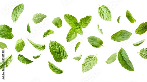 Green mint leaves falling and flying in air.isolated on white background © asma