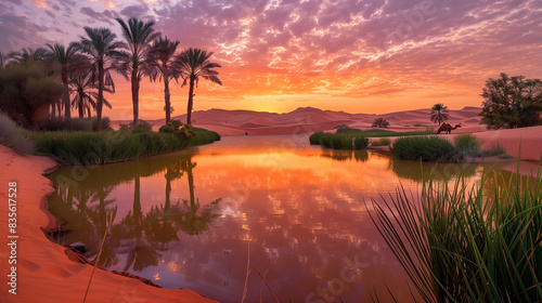 A tranquil desert oasis at sunset  featuring a small  clear water pond surrounded by palm trees and lush greenery  contrasting sharply against the vast  arid desert sands. The sky is a fiery blend of 