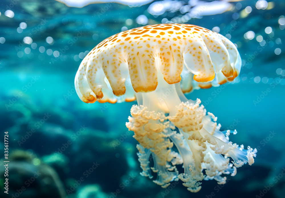Naklejka premium Beautiful jellyfish swimming in the ocean. underwater marine life, marine life, underwater beauty, jellyfish closeup, underwater ecosystem, jellyfish elegance, underwater nature, sea life photography