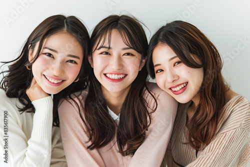 Three Smiling Young Asian Women in Soft, Neutral-Toned Sweaters Posing for a Warm and Friendly Group Portrait