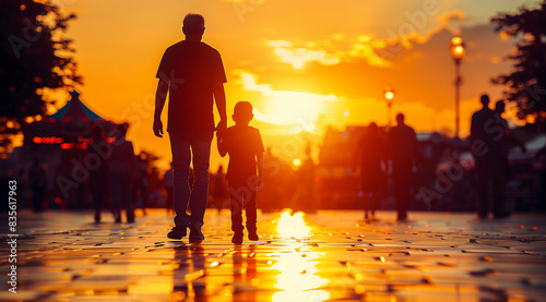 Father Son Bonding at Sunset in Amusement Park