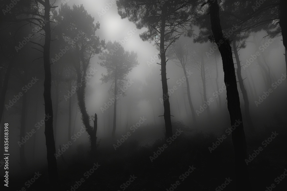 Foggy night in the forest with trees. Enchanted landscape concept Foggy night in the forest with trees. Enchanted landscape concept