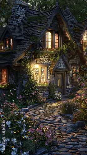 A medieval herbalist's cottage with an enchanted garden at twilight. The cottage is built of stone and wood, with a thatched roof and small, leaded windows that glow warmly from within. The garden is 