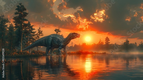 Apatosaurus peacefully drinking water a lake with a sunset reflecting on the water's surface