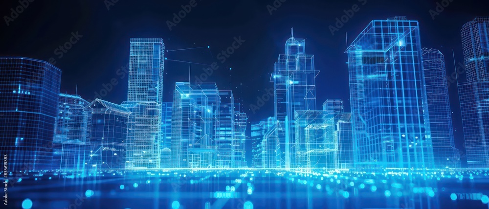 architectural building tridimensional model in x ray with light blue laser lines on a dark background
architectural building tridimensional model in x ray with light blue laser lines on a dark background