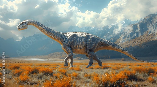 Camarasaurus grazing peacefully a large open field with mountains in the background