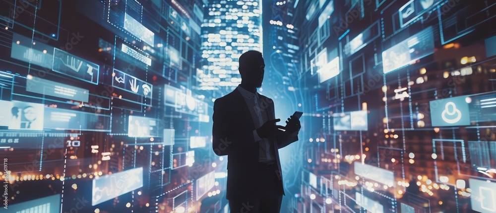 business man standing looking on his cell phone, in the background are digital message panels and icons business man standing looking on his cell phone, in the background are digital message panels and icons