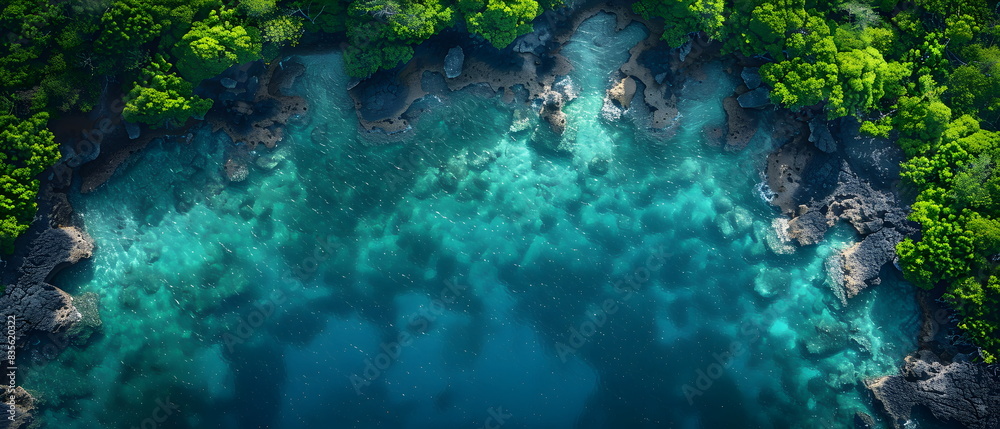 8k, Top view widescreen of Seascape The wonders of the Galapagos ecosystem, A tropical underwater scene with fish, coral reefs, and a diver in the blue ocean 8k, Top view widescreen of Seascape The wonders of the Galapagos ecosystem, A tropical underwater scene with fish, coral reefs, and a diver in the blue ocean
