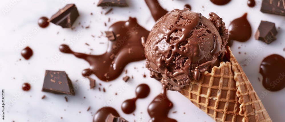 dark chocolate ice cream with waffle cone, melting and with splashes on a smooth neutral background, very realistic and professional
dark chocolate ice cream with waffle cone, melting and with splashes on a smooth neutral background, very realistic and professional