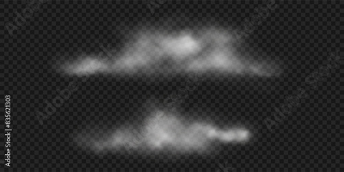 Various white clouds, fog or smoke on sky. Realistic vector illustration. Fluffy steam clouds isolated on transparent background