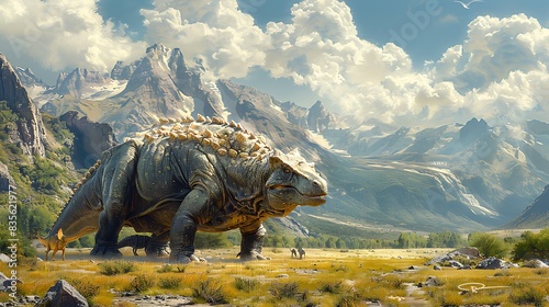 Iguanodon grazing peacefully a large open field with mountains in the background