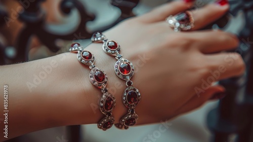Woman's hand adorned with a garnet bracelet, capturing the intricate details of the gemstones and the bracelet's craftsmanship photo