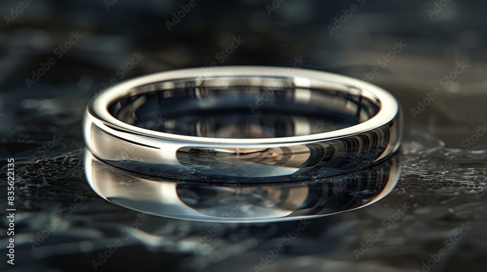 White gold wedding band with a polished finish, displayed elegantly on a reflective surface, showcasing its shine and craftsmanship White gold wedding band with a polished finish, displayed elegantly on a reflective surface, showcasing its shine and craftsmanship
