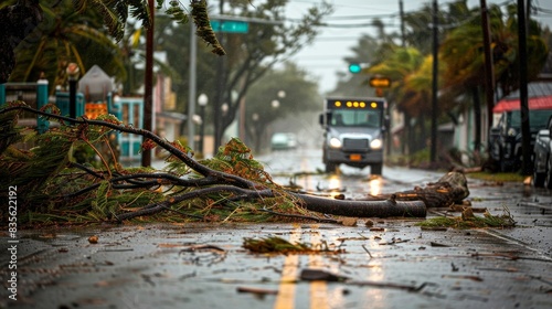 Tree downed by a hurricane, blocking the street, with cars and a truck in the background, debris highlighting the storm's aftermath photo