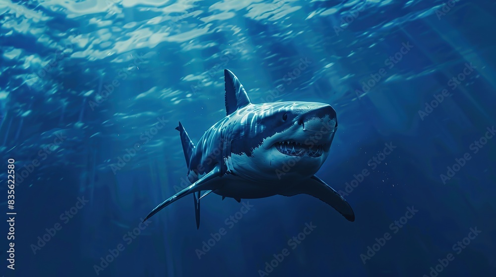 Fototapeta premium Glorious great white shark swimming in the deep blue ocean