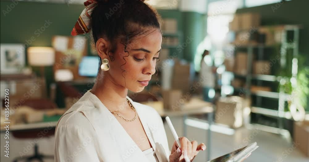 Business, thinking or woman with graphics tablet in office for design, creative or app development solution. Idea, planning or front end developer with digital stylus for ecommerce website editing