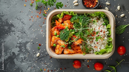 Stylish eco-friendly disposable lunch box, filled with nutritious takeaway food, promoting sustainable packaging practices photo