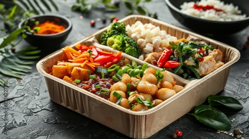 Stylish eco-friendly disposable lunch box, filled with nutritious takeaway food, promoting sustainable packaging practices photo