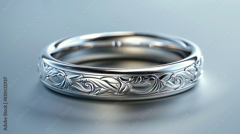Stunning close-up of a white gold wedding band with subtle engravings, isolated on a plain background, highlighted by studio lighting Stunning close-up of a white gold wedding band with subtle engravings, isolated on a plain background, highlighted by studio lighting