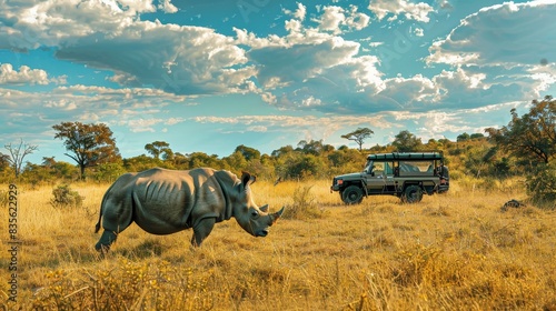 Stunning rhino in its natural habitat, the savanna, with a backdrop of safari tour jeeps and expansive skies photo