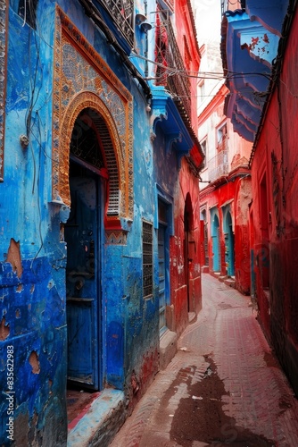 Stunning alley in the medina with contrasting blue and red walls, intricate patterns, and a mystical atmosphere photo