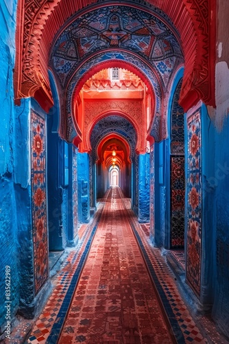 Stunning alley in the medina with contrasting blue and red walls, intricate patterns, and a mystical atmosphere photo