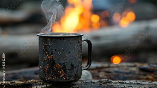 Steaming coffee in a rugged metal cup, close-up, with a lively campfire in the background, capturing the essence of outdoor adventure photo