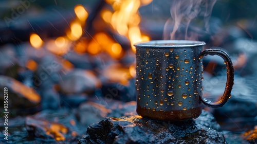 Steaming coffee in a rugged metal cup, close-up, with a lively campfire in the background, capturing the essence of outdoor adventure photo