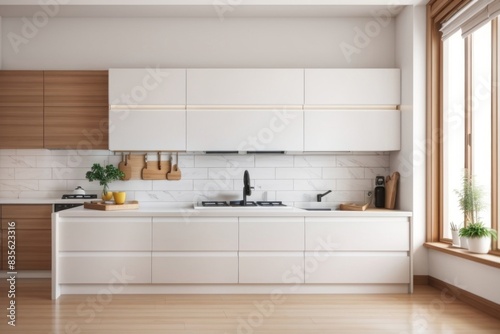 Interior home of modern kitchen with countertop and furniture on white wall  hardwood floor