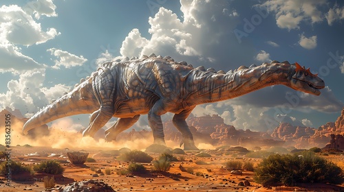 Nigersaurus roaming dry desertlike landscape with sand dunes and sparse vegetation