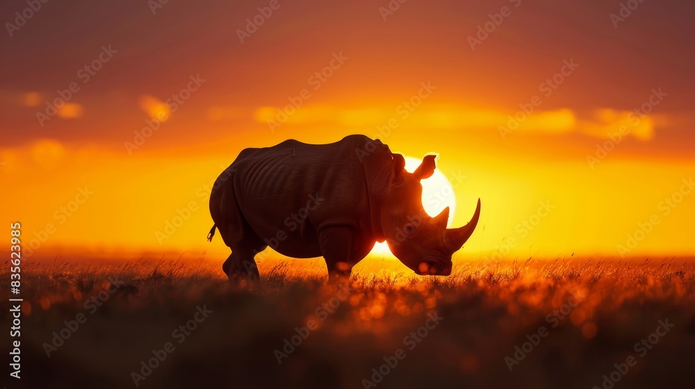 Fototapeta premium Powerful rhino silhouette against a vibrant savanna sunset, safari tour group watching in awe