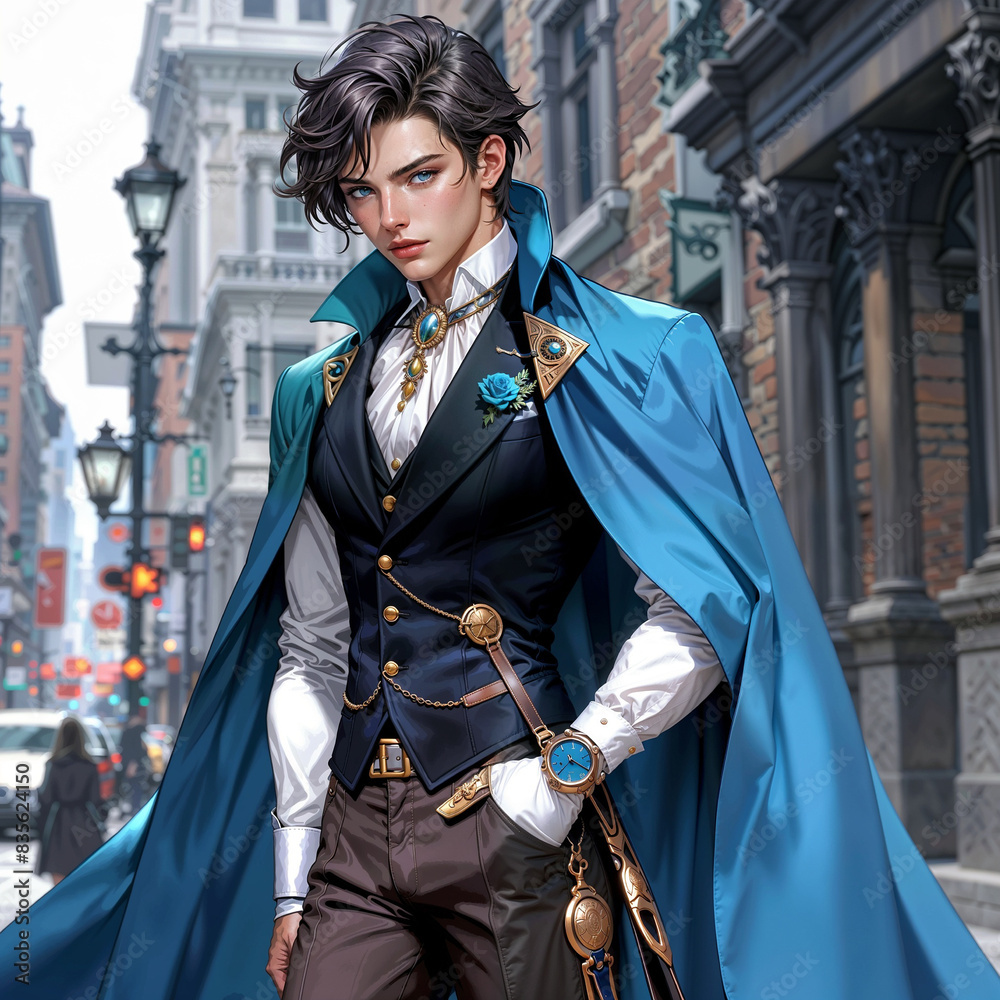 Fototapeta premium Time Traveler, A character with the ability to travel through different eras, wearing a mix of historical and futuristic fashion