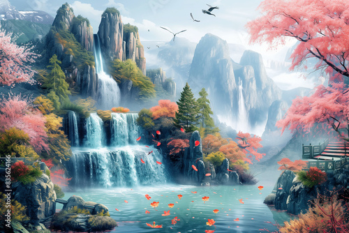 3d mural colorful landscape .nflowers branches multi colors with trees and water . Waterfall and flying birds .nsuitable for print on canvas n .Graphical simple modern background art .nvisually expand photo