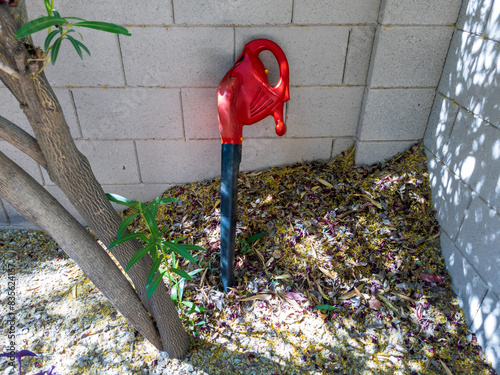 Electric leaf blower next to a pile of oleander and palo verde dry leaves and flower petals in a garden corner in spring