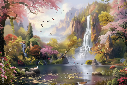 3d mural colorful landscape .nflowers branches multi colors with trees and water . Waterfall and flying birds .nsuitable for print on canvas n .Graphical simple modern background art .nvisually expand photo