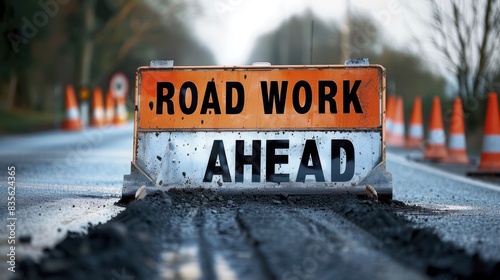 Road work ahead construction street site, danger road sign orange color. Asphalt road repair.
