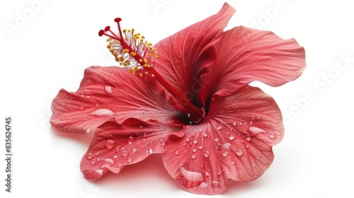 red hibiscus flower with water drops isolated on a white background 