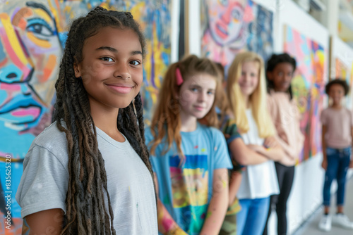 Diverse group of teens presenting their art pieces in a gallery