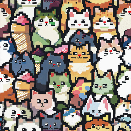 Colorful Pixel Art Pattern of Cats and Ice Cream Cones